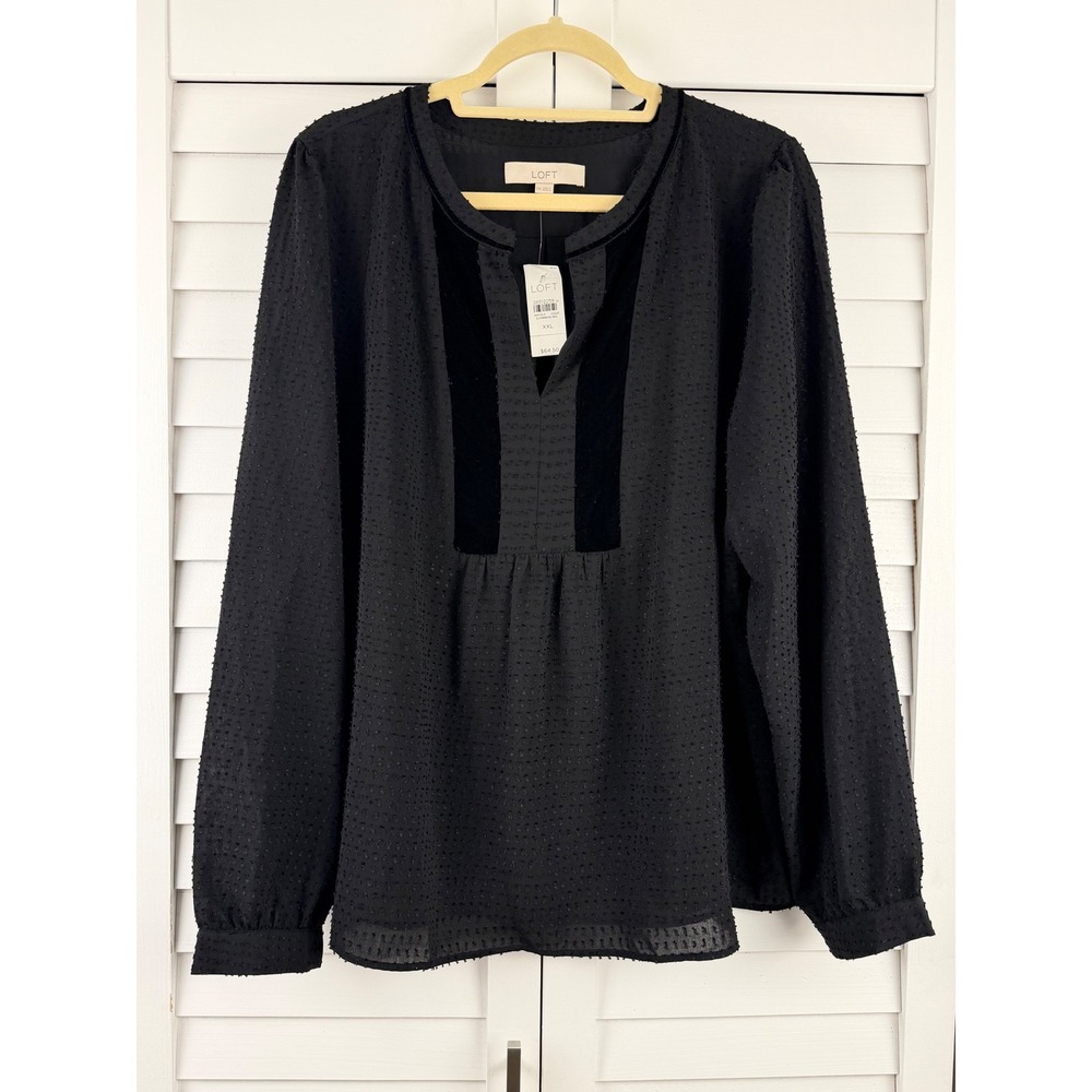 LOFT Blouse XXL Black Swiss Dot Velvet Trim Long Sleeve NEW